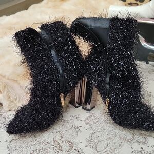 Nasty Gal Black Fuzzy Heeled Boots